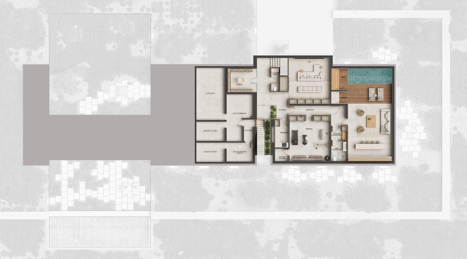 Plan of the lower level of Can Gat with wine cellar, gym, spa with indoor pool and plant rooms