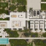 Plan of the main level of Can Gat showing the living areas, bedrooms, garage, gardens and outdoor pool