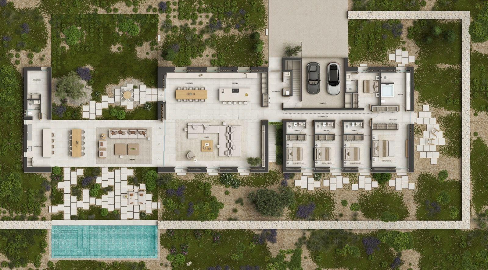 Plan of the main level of Can Gat showing the living areas, bedrooms, garage, gardens and outdoor pool