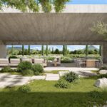Render of the Can Gat porch seen from the garden, with seating area, dining table, an olive tree and stepping stones on grass