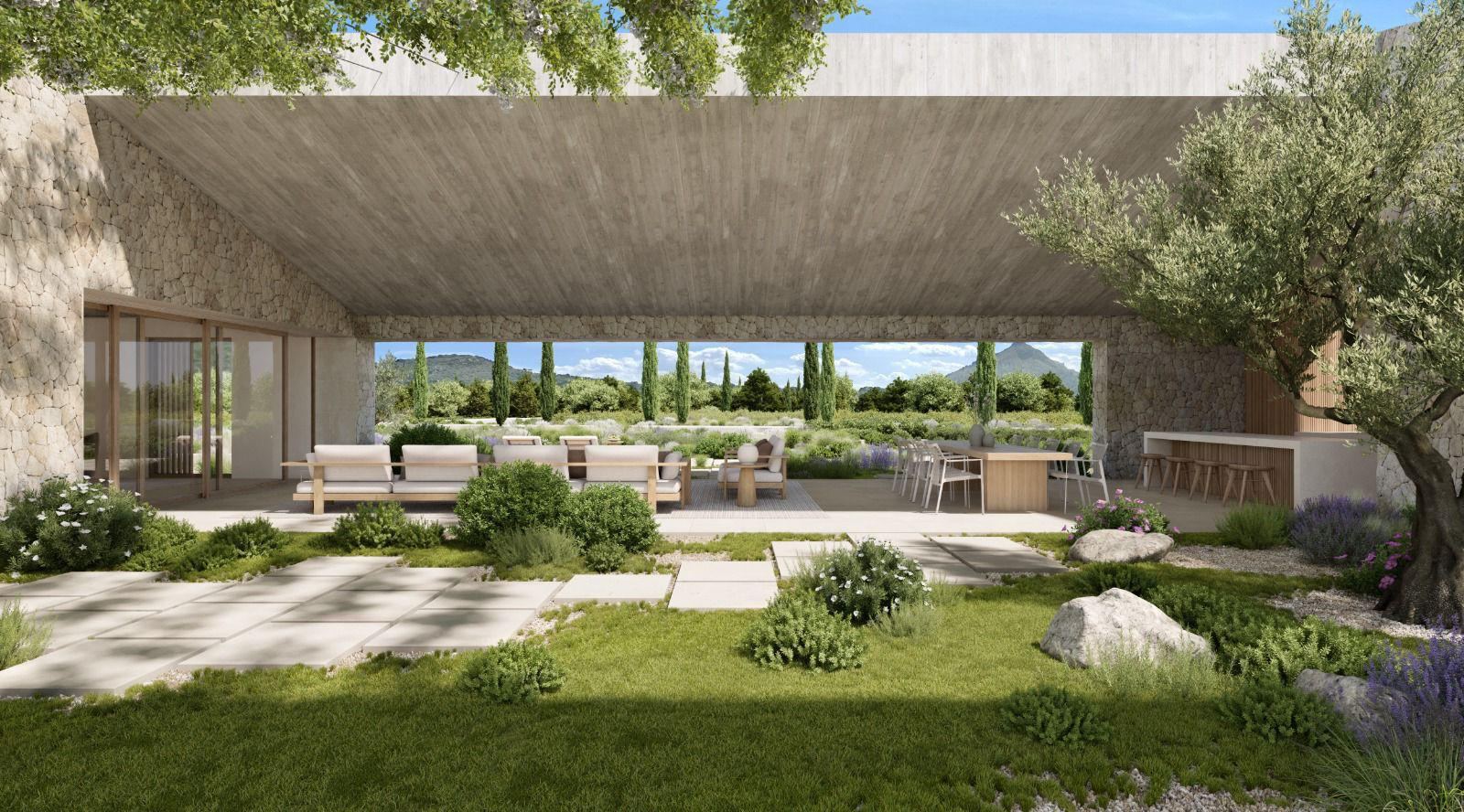 Render of the Can Gat porch seen from the garden, with seating area, dining table, an olive tree and stepping stones on grass
