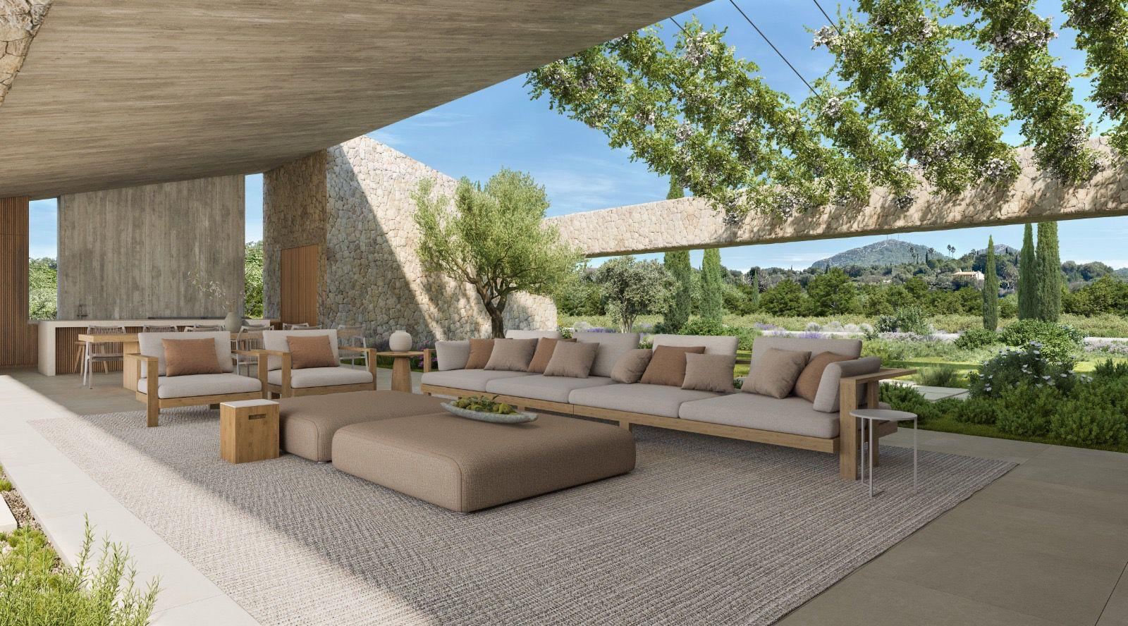 Render of the covered porch with a sofa and armchairs, a pergola with climbing plants and the mountain beyond