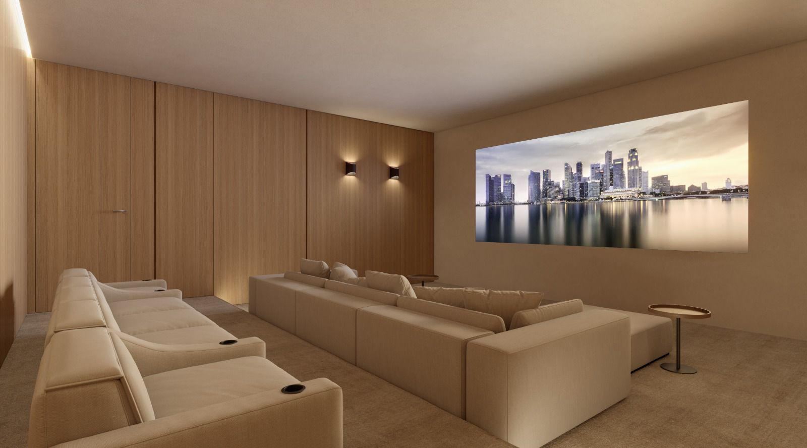 Render of the Can Gat home cinema with a panoramic screen and large sofas