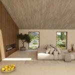 Render of the Can Gat living room with a linear fireplace, timber panelling and a potted olive tree