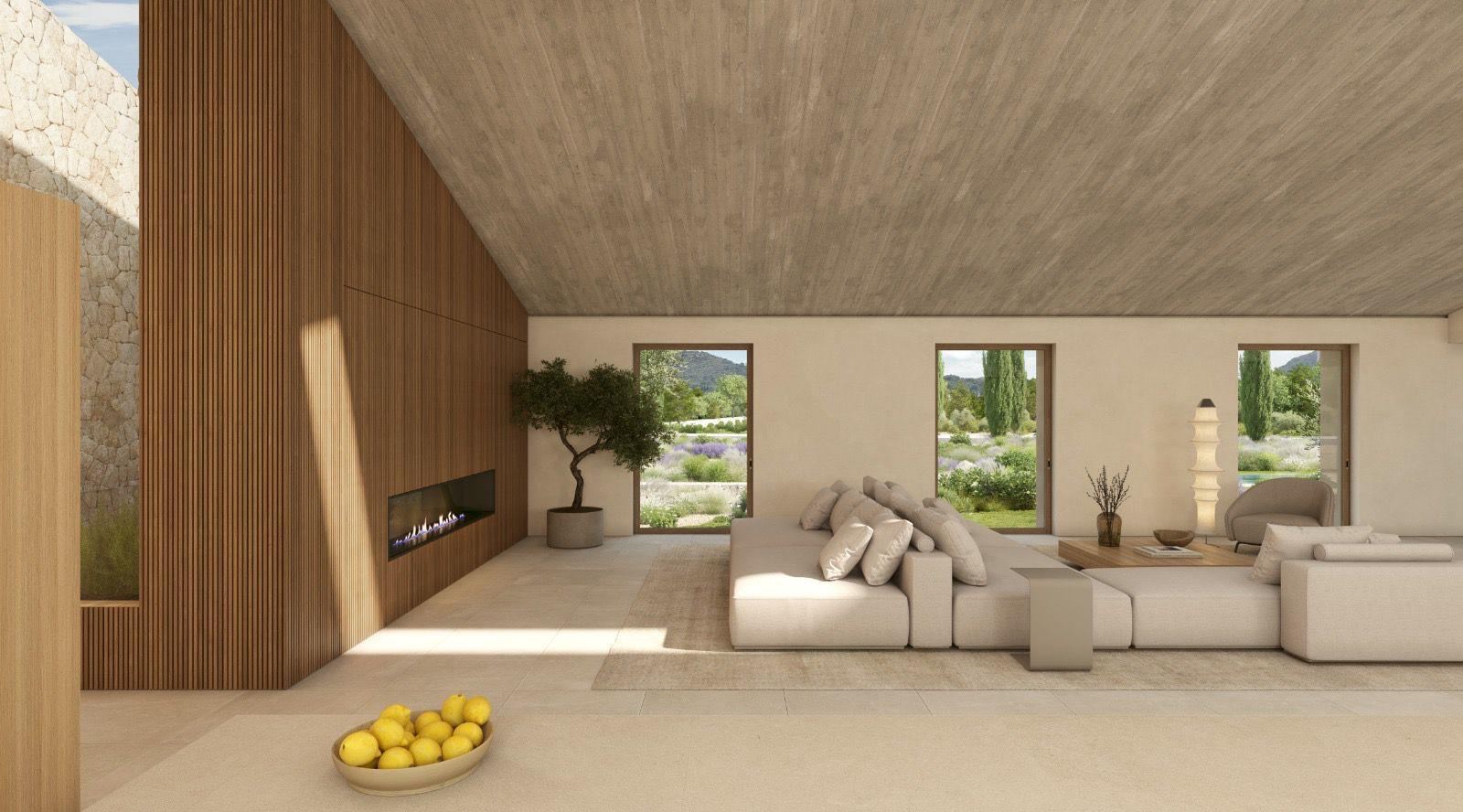 Render of the Can Gat living room with a linear fireplace, timber panelling and a potted olive tree