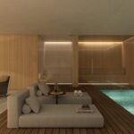 Render of the Can Gat spa area with an indoor pool, daybeds, timber decking and a glass-fronted sauna