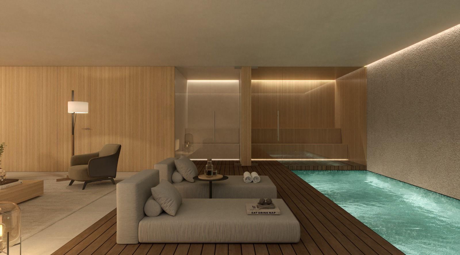 Render of the Can Gat spa area with an indoor pool, daybeds, timber decking and a glass-fronted sauna