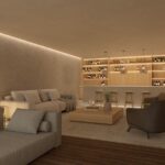 Render of a lounge area with a bar, bottle shelves, sofas and timber decking