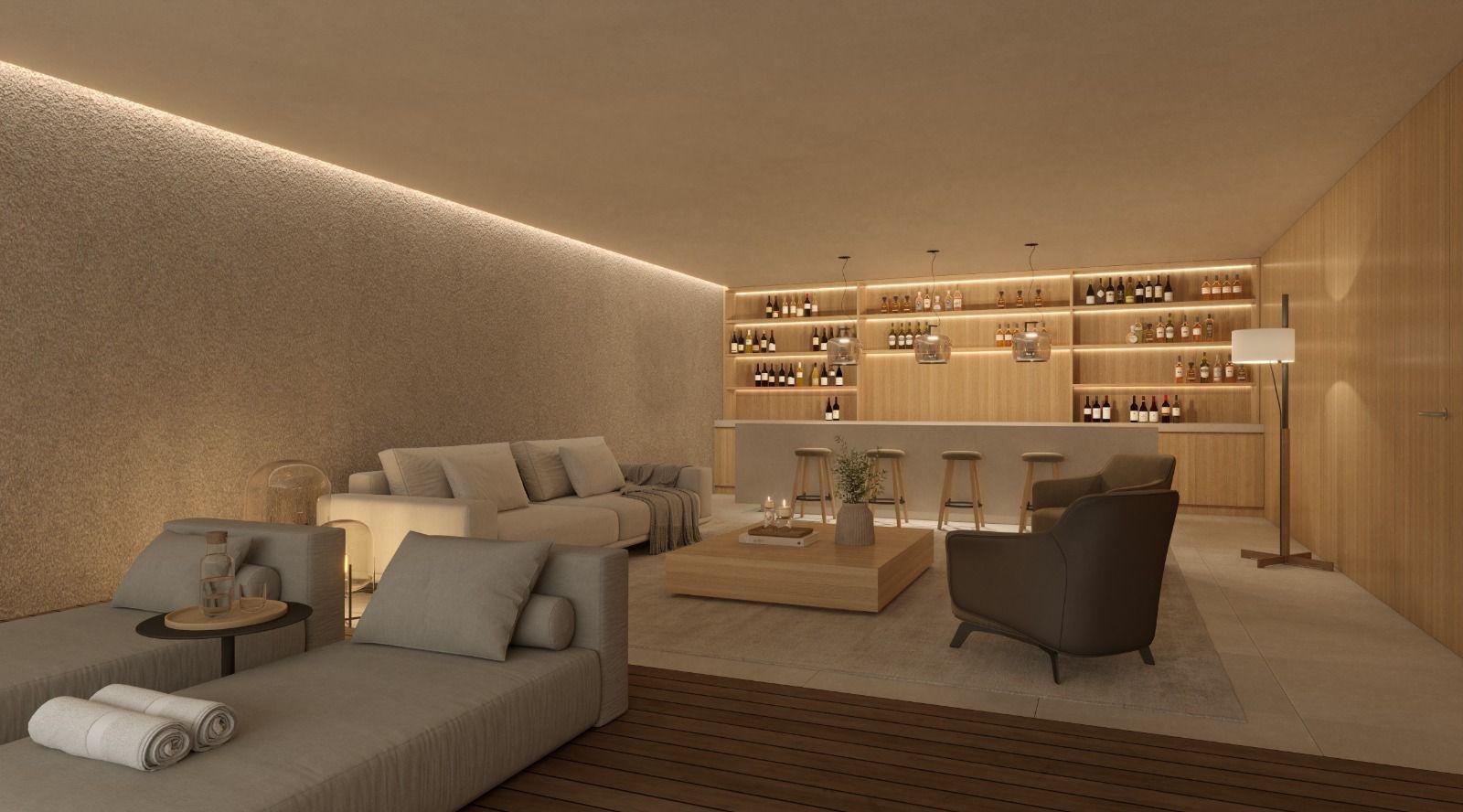 Render of a lounge area with a bar, bottle shelves, sofas and timber decking
