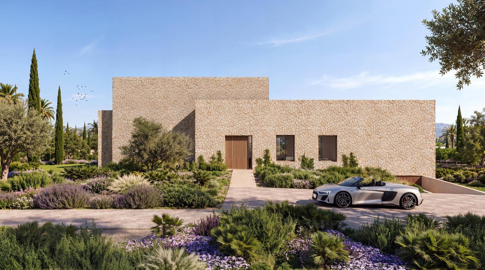 Render de la fachada de acceso de Can Melis con puerta de madera y jardín mediterráneo