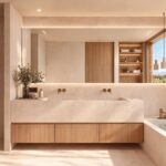 Render del baño de Can Melis con lavabo corrido, dos grifos y bañera junto a la ventana