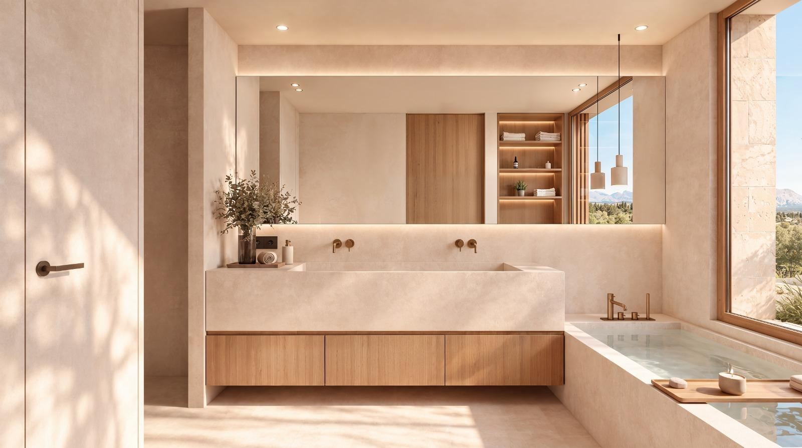 Render del baño de Can Melis con lavabo corrido, dos grifos y bañera junto a la ventana