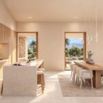 Render de la cocina con isla, comedor y grandes vanos hacia el jardín y la sierra