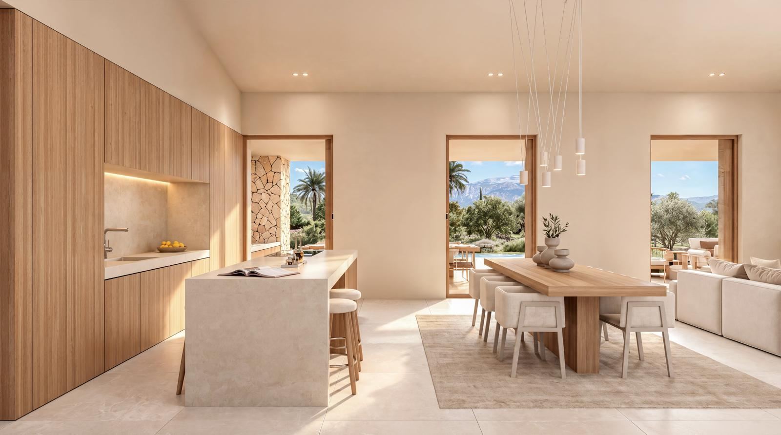 Render de la cocina con isla, comedor y grandes vanos hacia el jardín y la sierra