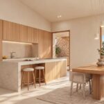 Render de la cocina de Can Melis con isla, taburetes y mesa de comedor de madera