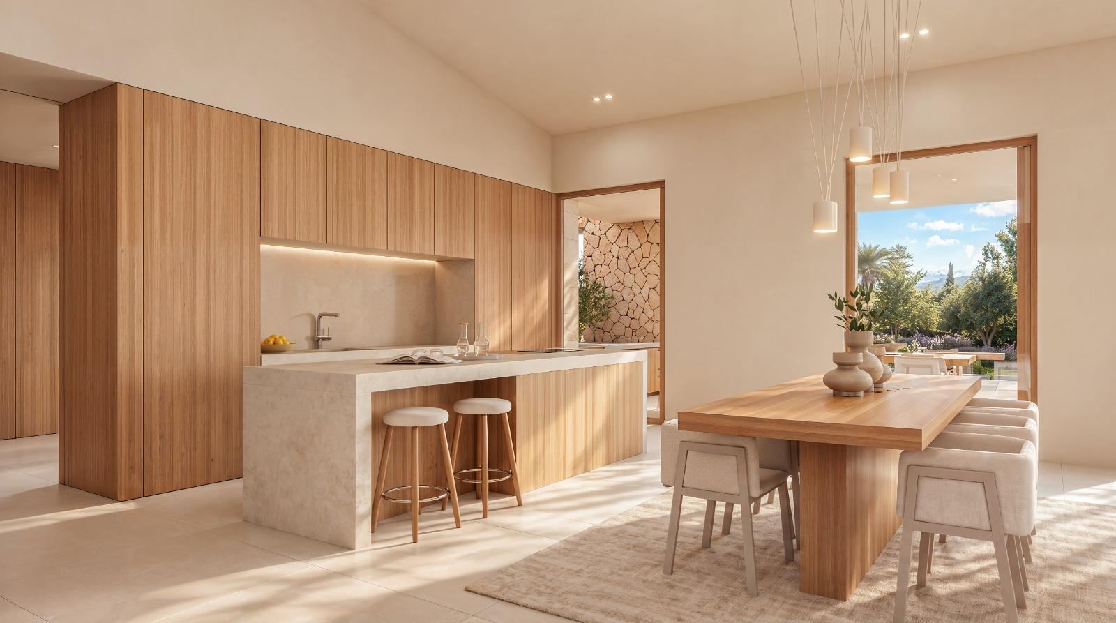 Render de la cocina de Can Melis con isla, taburetes y mesa de comedor de madera