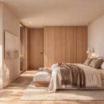 Visualización del dormitorio con ventanal a la terraza, armario de madera y vistas a las montañas