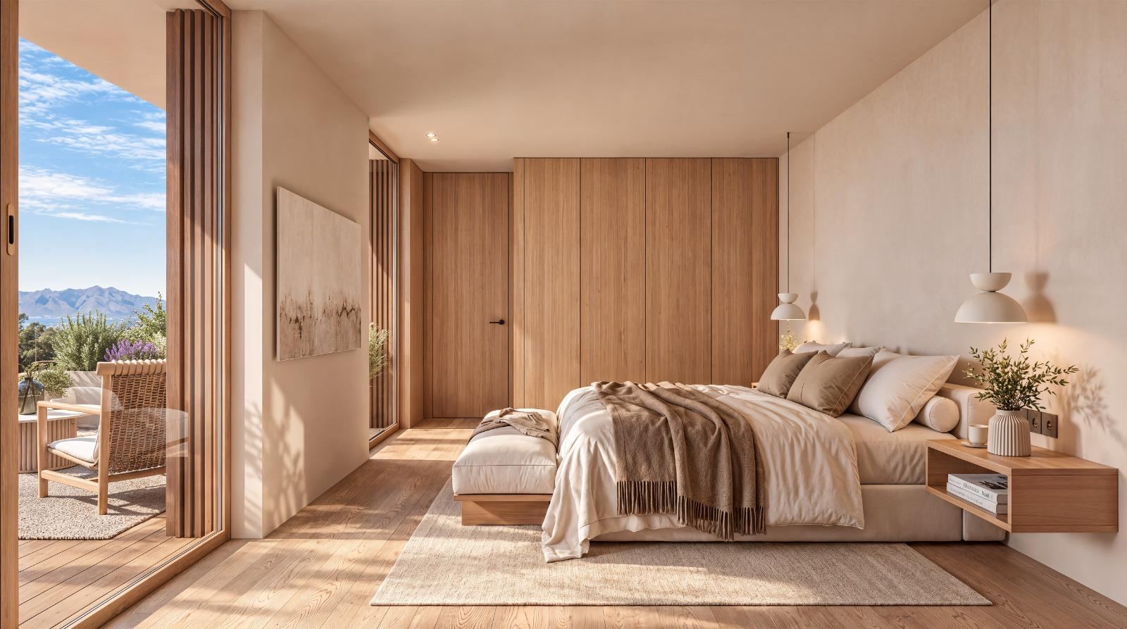 Visualización del dormitorio con ventanal a la terraza, armario de madera y vistas a las montañas