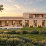 Render de la fachada de piedra de Can Melis con porche, piscina y jardín al atardecer