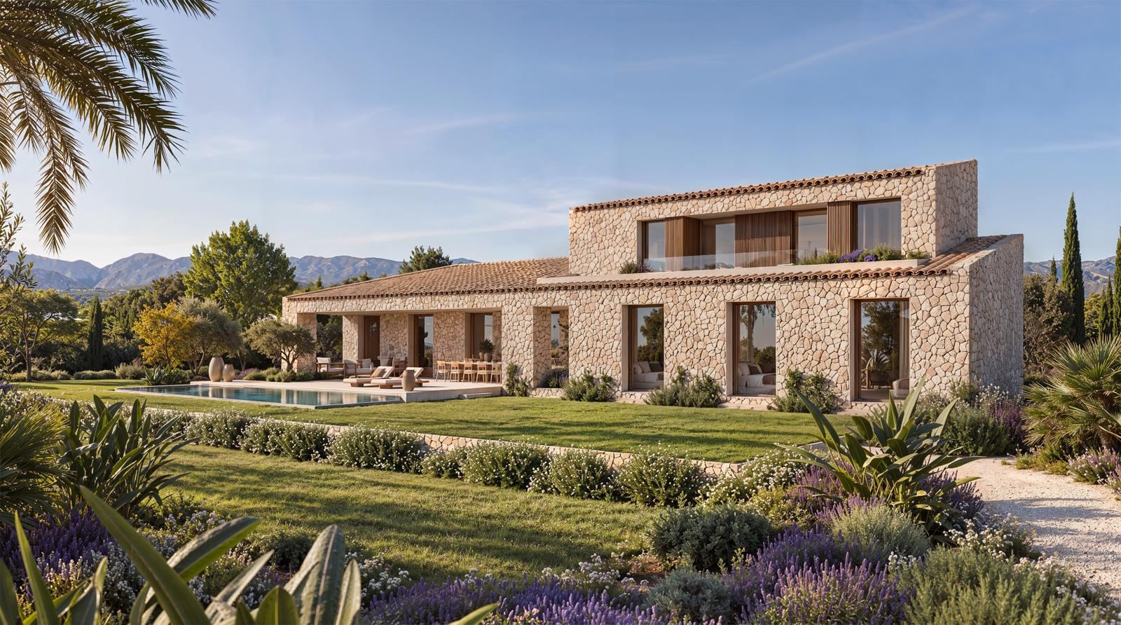 Visualización de la finca de piedra con cubierta de teja, piscina y montañas al fondo