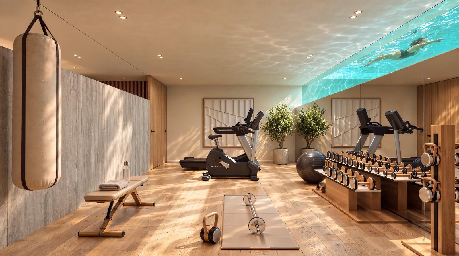 Render del gimnasio con saco de boxeo, bicicleta estática, mancuernas y una piscina acristalada a la altura del techo
