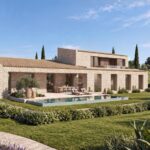 Render de Can Melis con piscina alargada, porche y fachada de piedra rodeados de césped