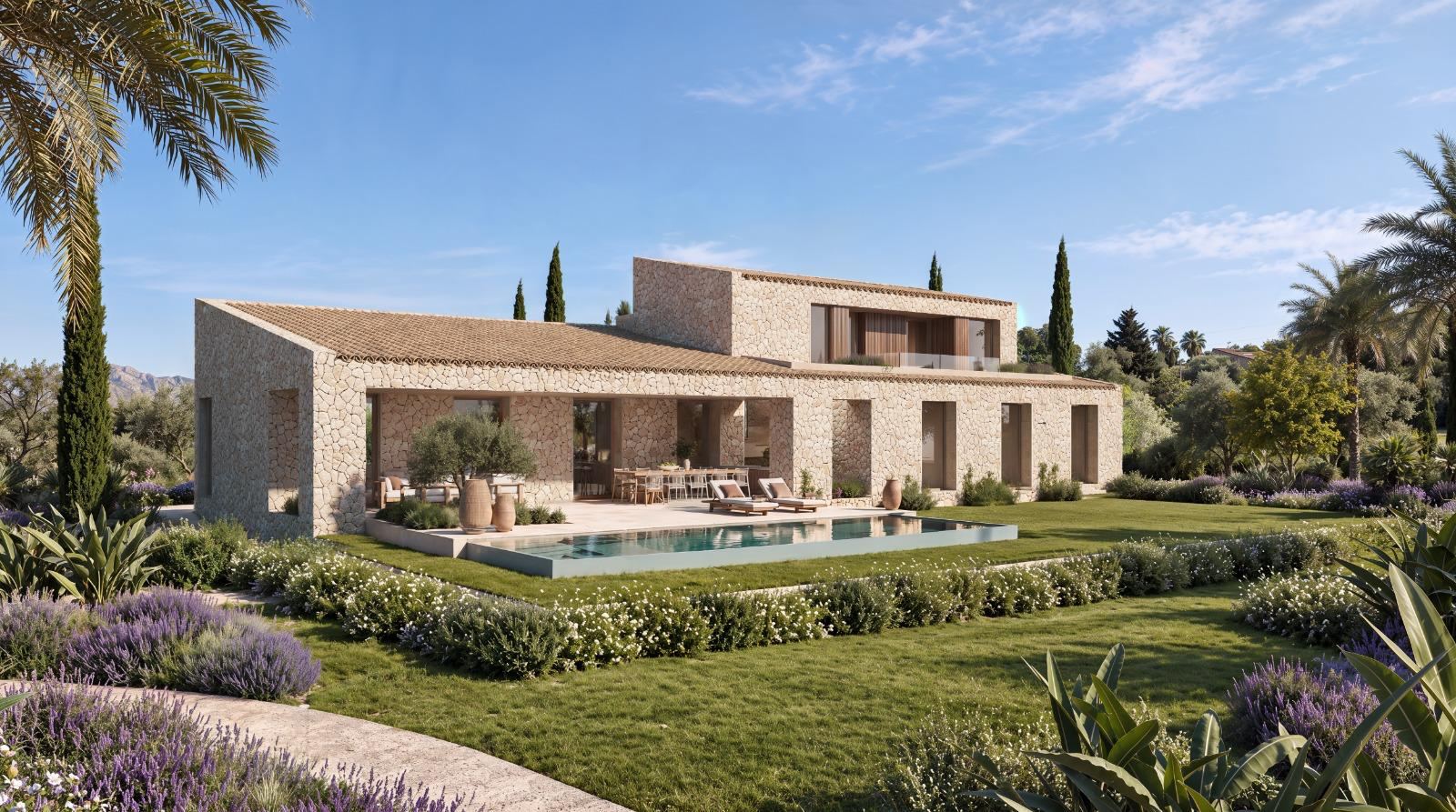 Render de Can Melis con piscina alargada, porche y fachada de piedra rodeados de césped