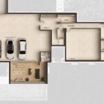 Plano del nivel inferior de Can Melis con garaje para tres coches, gimnasio, bodega, almacén y sala técnica