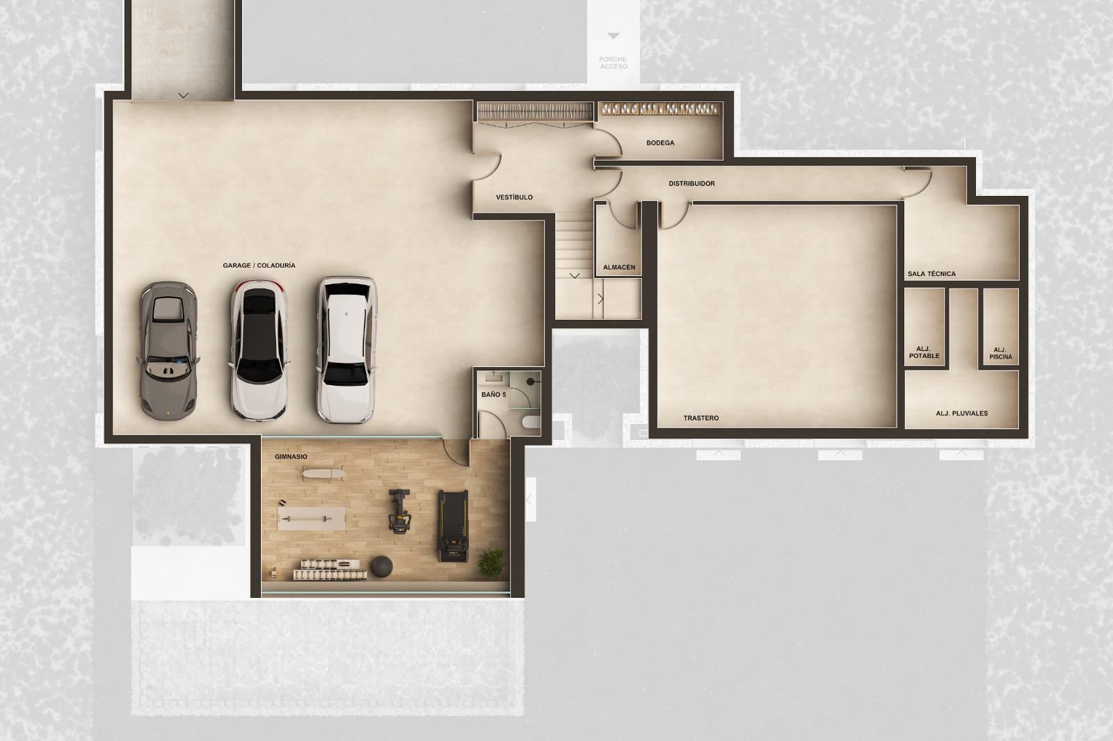 Plano del nivel inferior de Can Melis con garaje para tres coches, gimnasio, bodega, almacén y sala técnica
