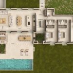 Plano de la planta baja de Can Melis con salón, comedor, cocina, tres dormitorios, porche y piscina