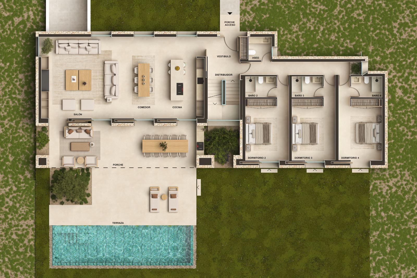 Plano de la planta baja de Can Melis con salón, comedor, cocina, tres dormitorios, porche y piscina