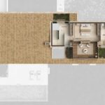 Plano de la planta superior de Can Melis con dormitorio, baño, terraza privada, escalera y cubierta de teja