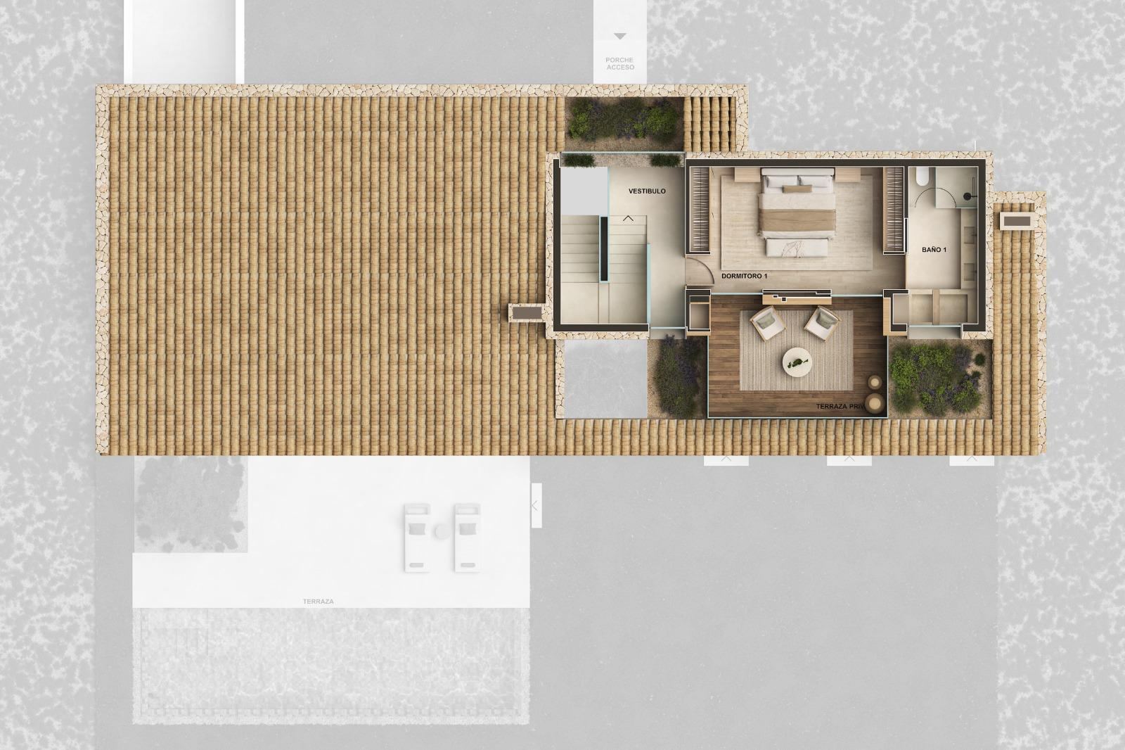 Plano de la planta superior de Can Melis con dormitorio, baño, terraza privada, escalera y cubierta de teja