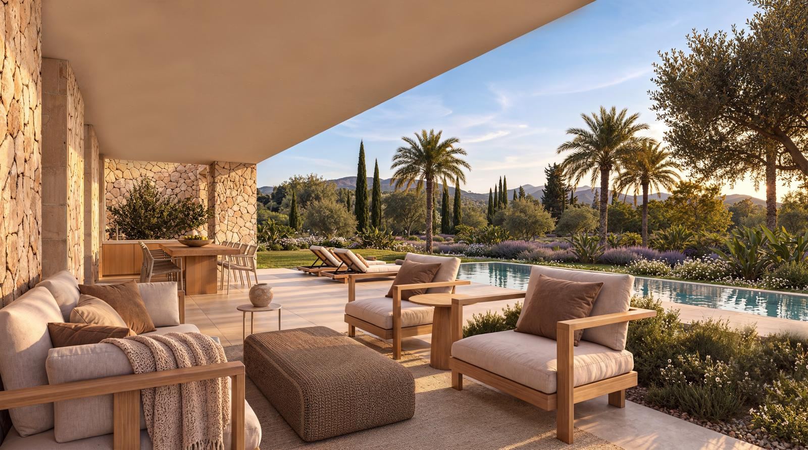 Render del porche cubierto con zona de estar junto a la piscina y vistas a las montañas