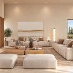 Render del salón de Can Melis con chimenea lineal, televisor y mobiliario en tonos claros