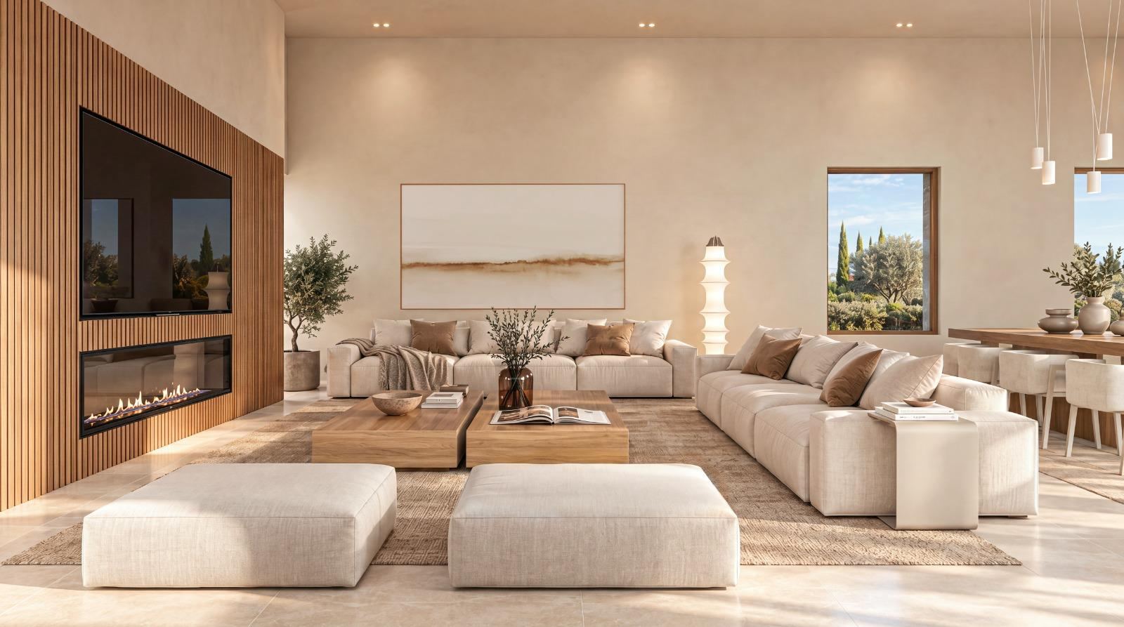 Render del salón de Can Melis con chimenea lineal, televisor y mobiliario en tonos claros