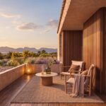 Render de la terraza superior de Can Melis al atardecer con sillones y vistas a la sierra