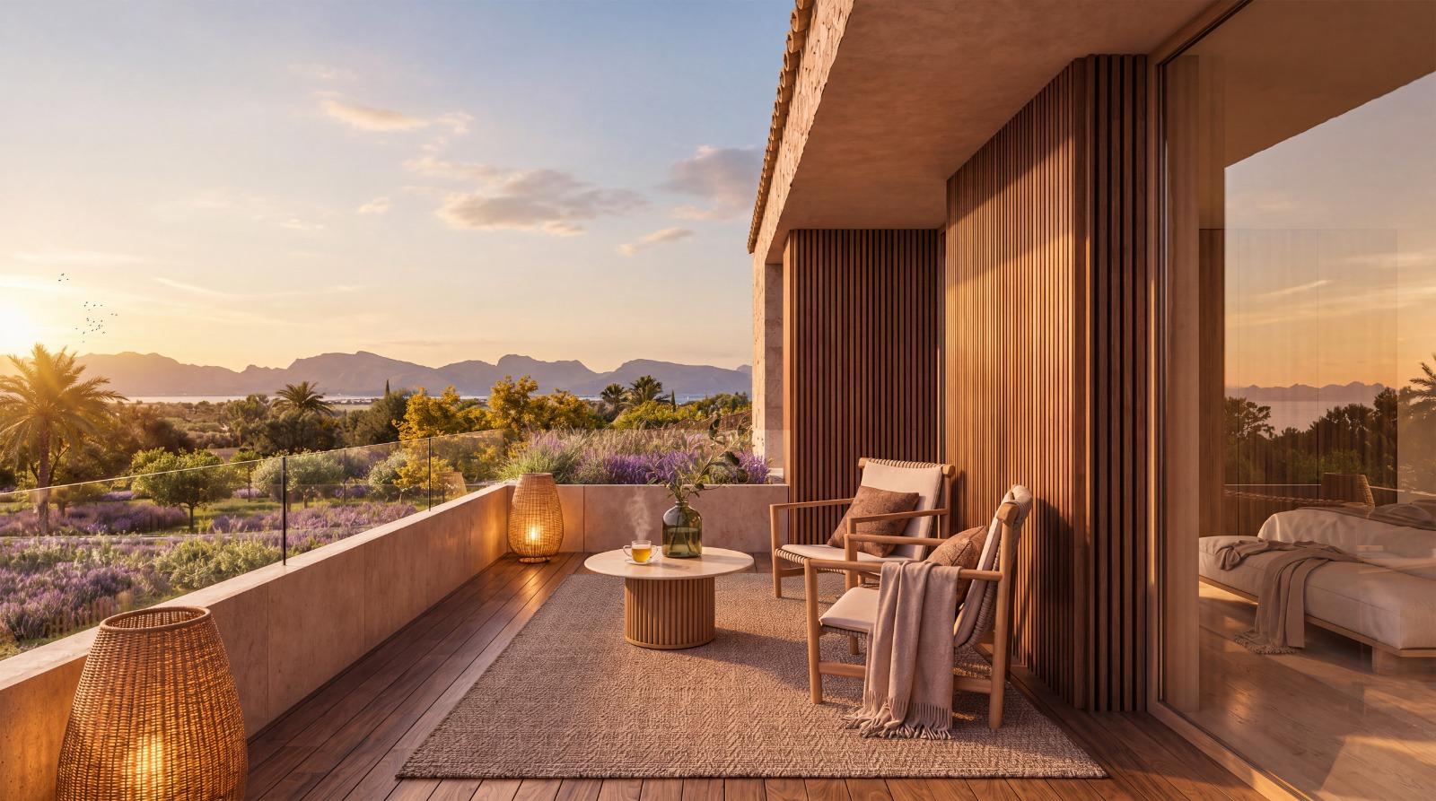 Render de la terraza superior de Can Melis al atardecer con sillones y vistas a la sierra